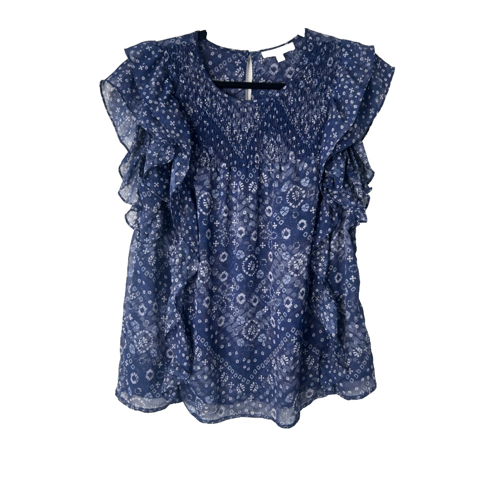 DR2 Top Size L Blue Smocked Ruffled Flutter Sleeves Semi Sheer Blouse Peasant